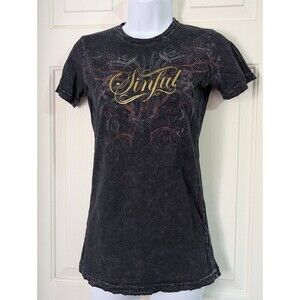 Sinful T-Shirt Womens Medium Black Gold Distressed Y2K Skull Sword Roses Gothic